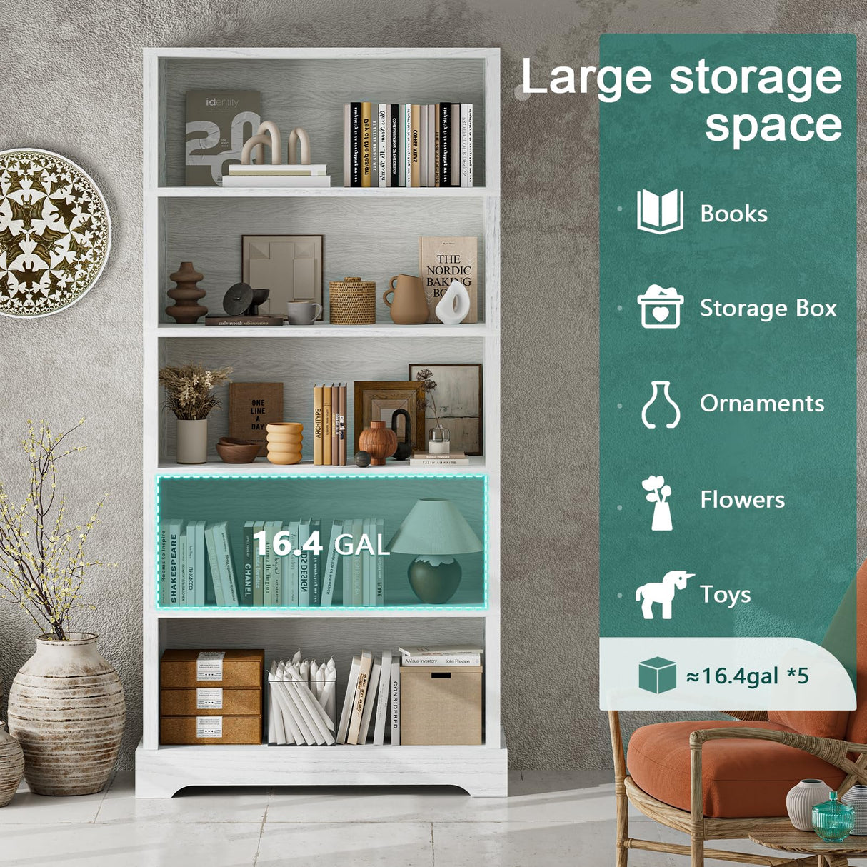 Antique White 5-Shelf Wood Bookcase - Elegant Floor Standing Storage Solution TVU