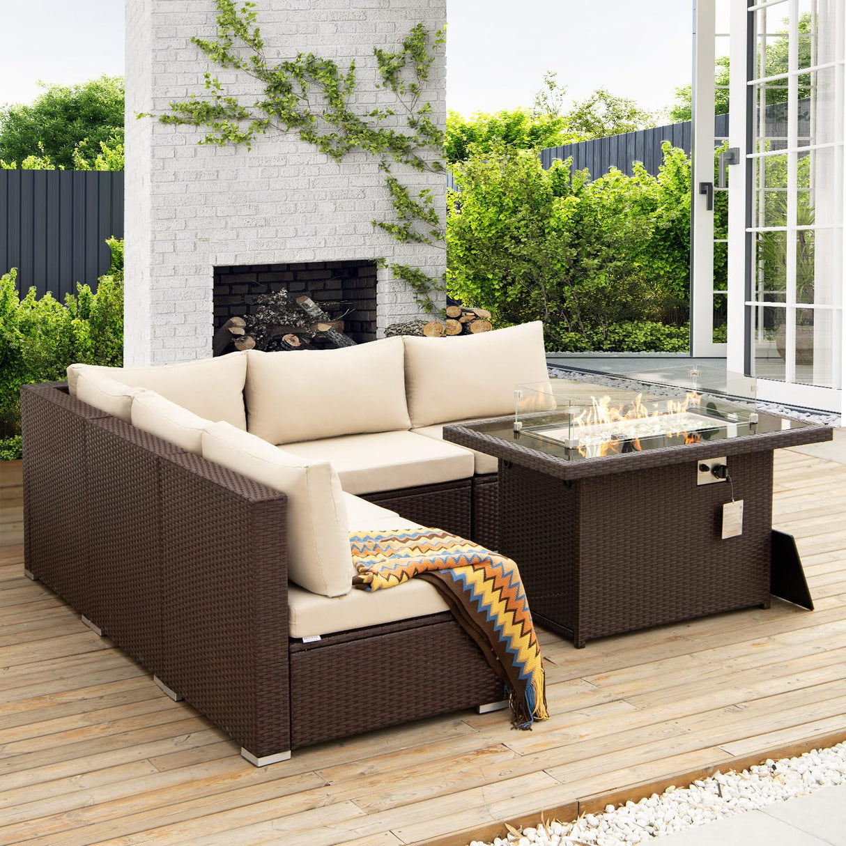 NICESOUL 6 Piece Patio Furniture Set with Firepit, 29.3'' High-Back Outdoor Sectional with Fireplace Natural Gas Propane Convertible, Comfy Deep Wide Seating Conversations for Outside, Brown NICESOUL