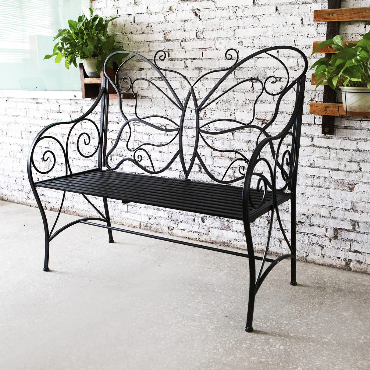 HLC Outdoor Bench Patio Outdoor Sturdy Rust-Resistant Garden Bench Butterfly Cast Iron Metal with Armrests for Garden, Park,Yard, Patio, Porch, Lawn Double Seats Black HLC