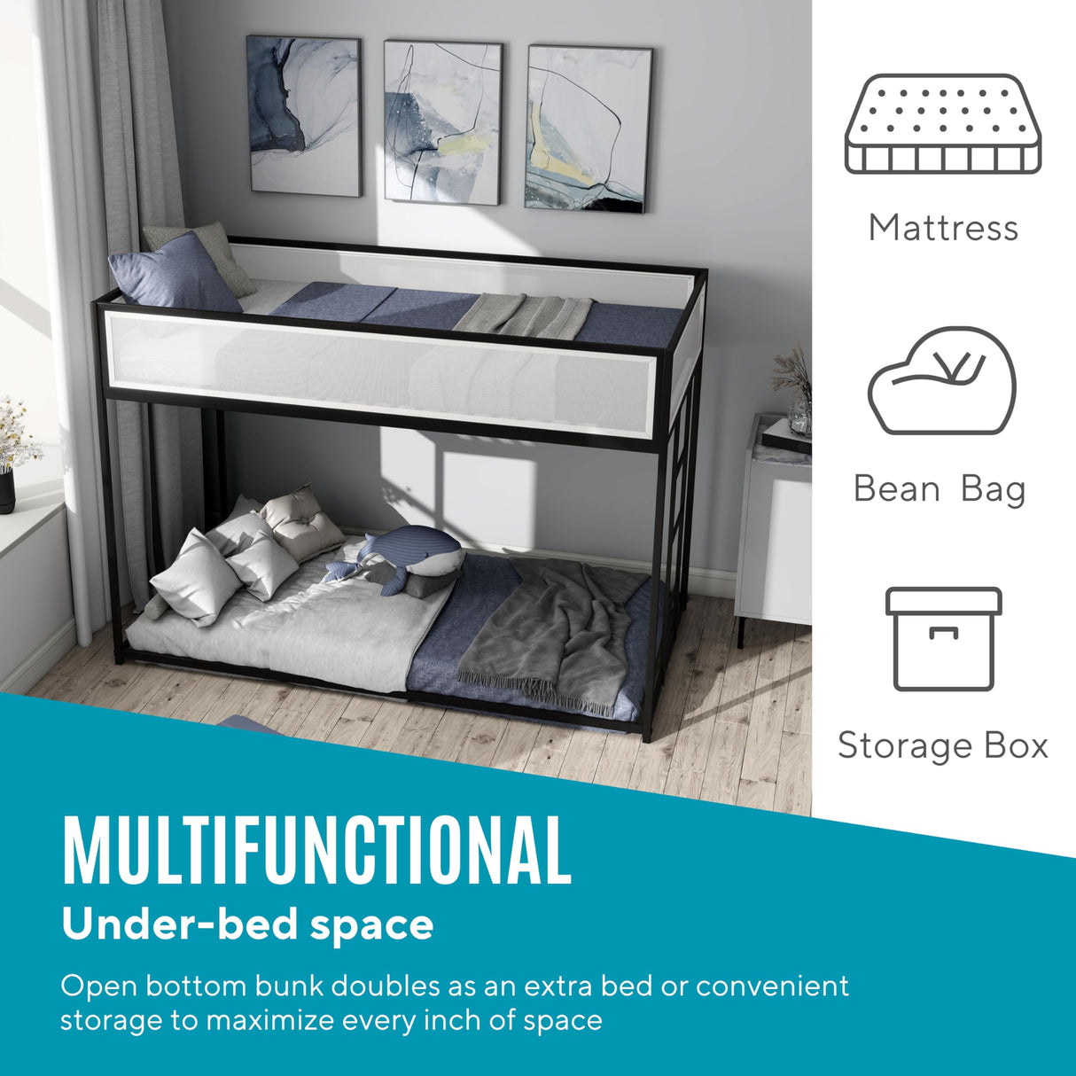 Furniture of America Dravenor Modern Metal Twin Over Twin Low Profile Bunk Bed with Reversible Ladder and White Magnetic Mesh Panel, No Box Spring Required, for Kids, Bedroom, Dorm, Black Furniture of America