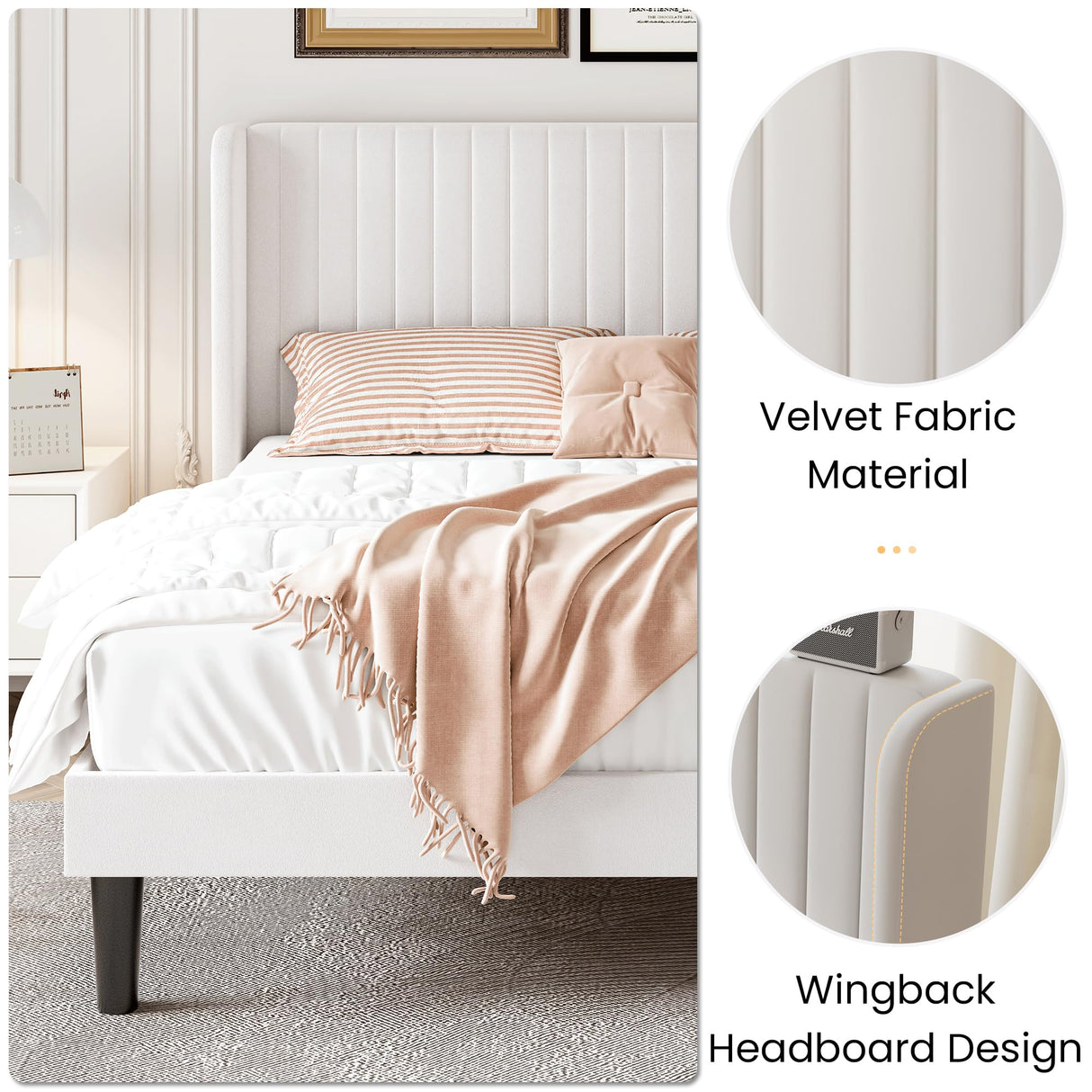 SHA CERLIN Full Size Velvet Bed Frame with Vertical Channel Tufted Wingback Headboard, Upholstered Platform Bed with Wood Slats, No Box Spring Needed, Easy Assembly, White SHA CERLIN