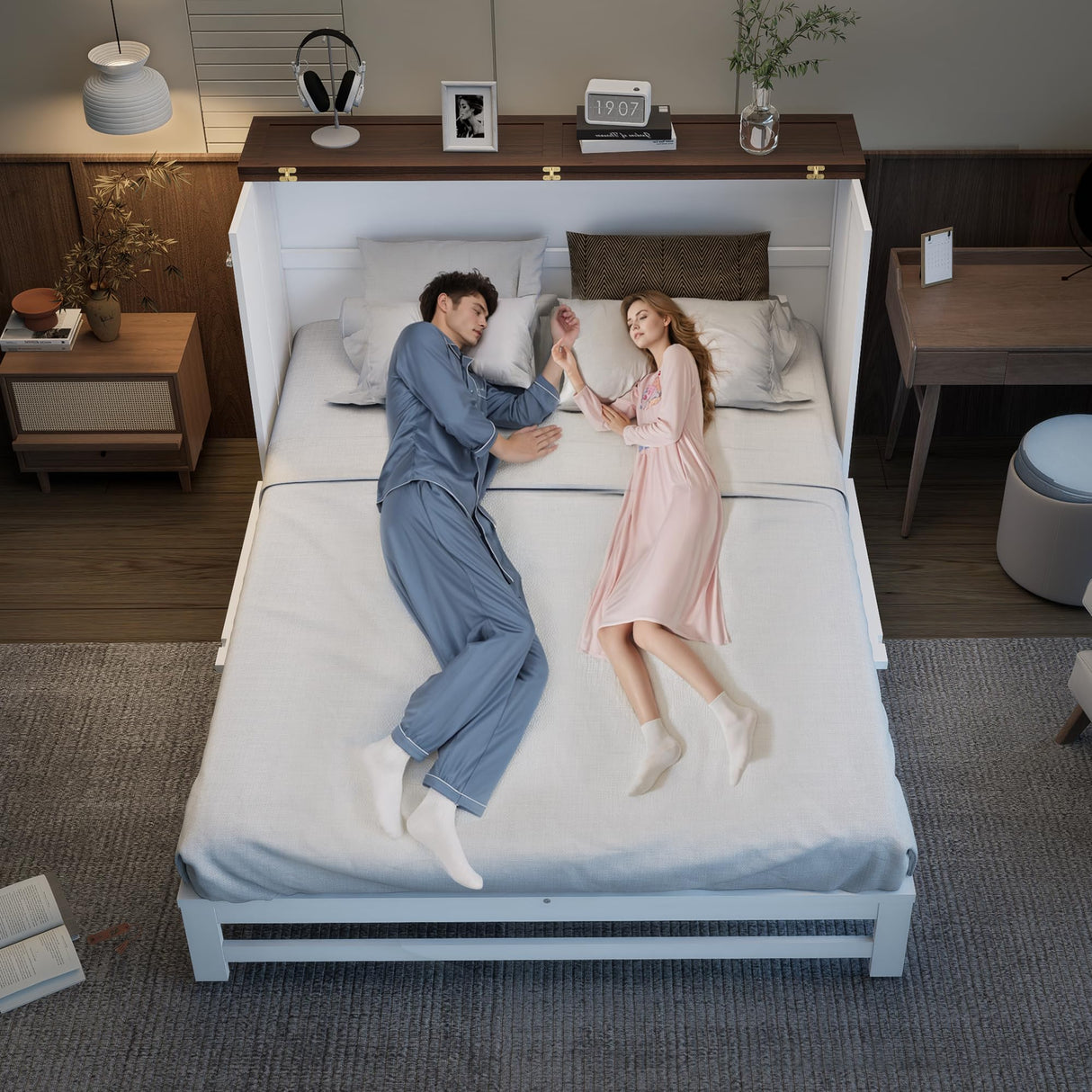 howcool Queen Murphy Bed Cabinet with Charging Station and Large Storage Drawer, Solid Pine Wood Platform Bed Frame, Foldable Cabinet Bed for Home Office, Space Saving Design, White + Walnut howcool