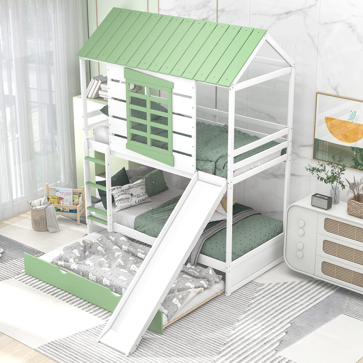 Harper & Bright Designs House Bunk Bed with Convertible Slide and Trundle, Solid Wood Bunk Bed Twin Over Twin, for Kids Girls Boys (White+Green) Harper & Bright Designs