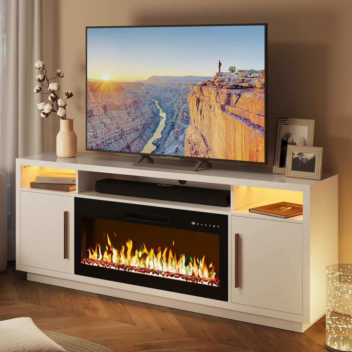 BELLEZE 70" Fireplace TV Stand for TVs Up to 75", LED Light Entertainment Center with 36" Electric Fireplace Heater, Storage Cabinet, Media Console Table for Living Room - Avenue (White) BELLEZE