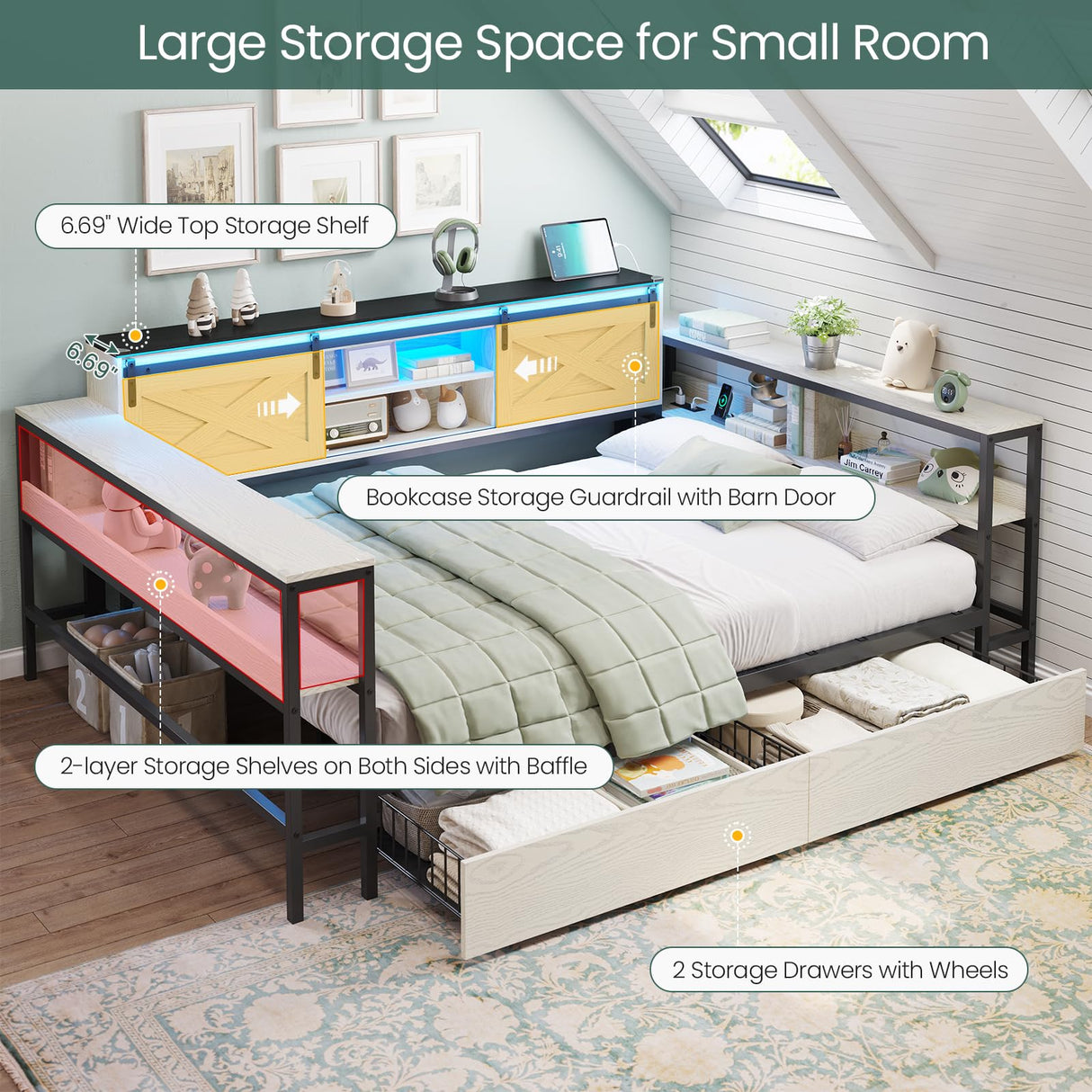 DICTAC Corner Full Bed Frame with Storage Drawers and Charging Station Farmhouse Metal Platform Bed Frame with Sliding Barn Doors and Led Lights Full Daybed with Storage Headboard,Black & White DICTAC