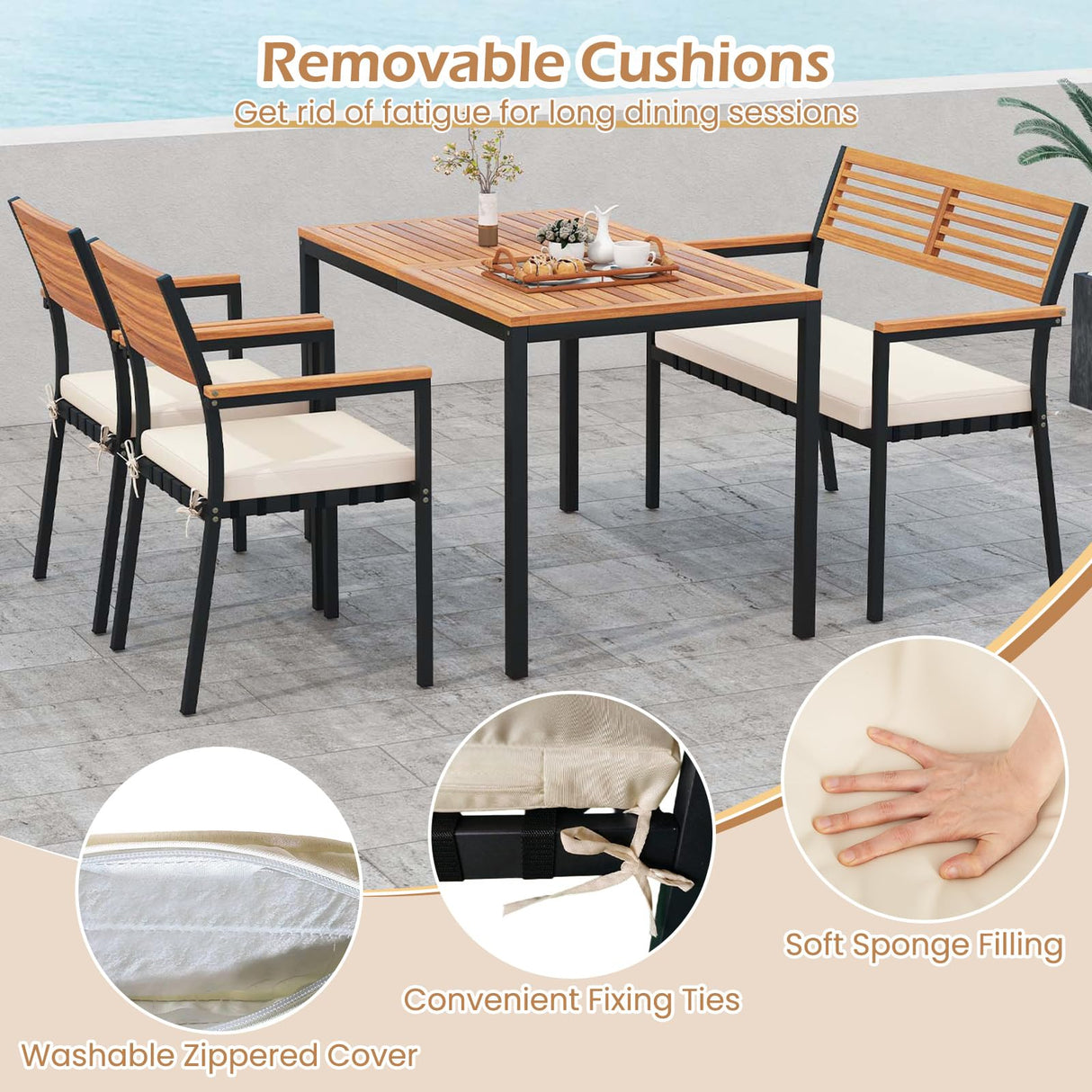 Toolsempire 4 Pieces Patio Dining Table Set, Outdoor Rectangle Table w/Loveseat & 2 Stackable Chairs, Cushions, Umbrella Hole, Acacia Wood Armrests & Tabletop, Dinette Furniture for Backyard Garden Toolsempire