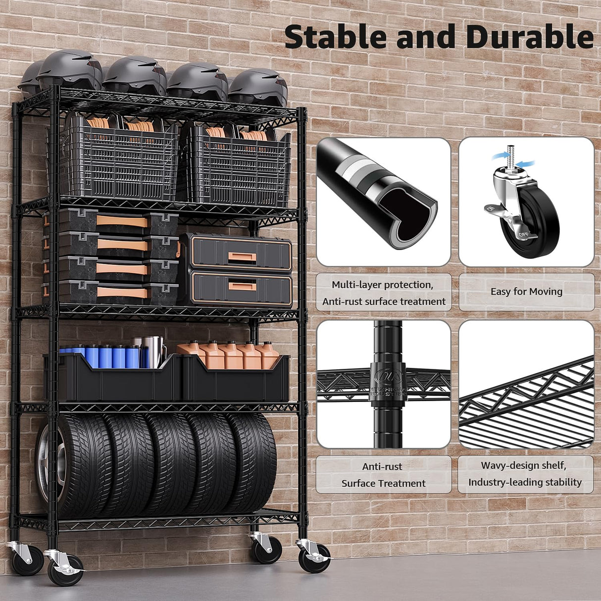 M MZG 5-Shelf Storage Shelves,Wire Shelving Heavy Duty Metal Storage Shelving Unit Adjustable Garage Shelving Rack Pantry Kitchen (Black, 5 Tier,17.7" D x 47.2" W x 76.7" H) M MZG