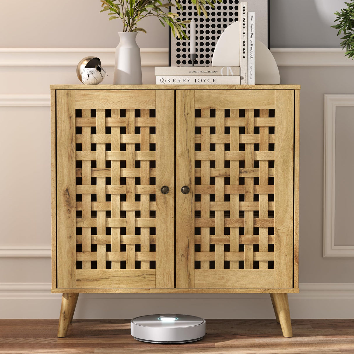 RoyalCraft Rattan Accent Cabinet with Doors, Farmhouse Buffet Entryway Cabinet with Oak Legs for Living Room, Natural Wooden Decorative Sideboard with Adjustable Shelf RoyalCraft