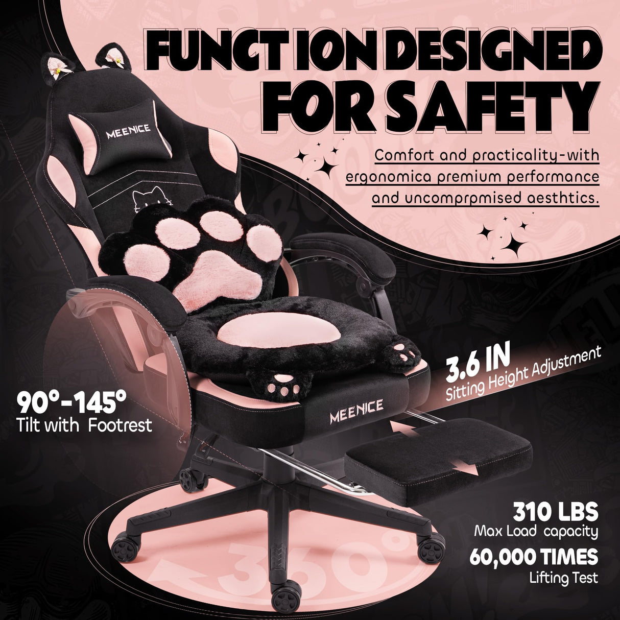 Pink Gaming Chair Cute with Cat Ears Paw Lumbar and Cushion,Ergonomic Computer Chair with Footrest,Reclining PC Game Chair for Girl Computer Chair 300lbs for Adult MEENICE