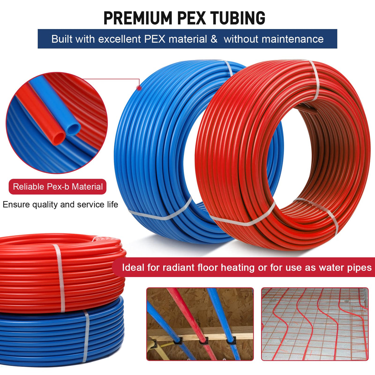 PEX Pipe 1/2 Inch 300ft 2 Rolls PEX Tubing EVOH PEX-B Pipe Non Oxygen Barrier Durable Leakage-Proof Flexible for Residential Water Lines in Homes PEX Radiant Heat Tubing(Red+Blue) Likeem