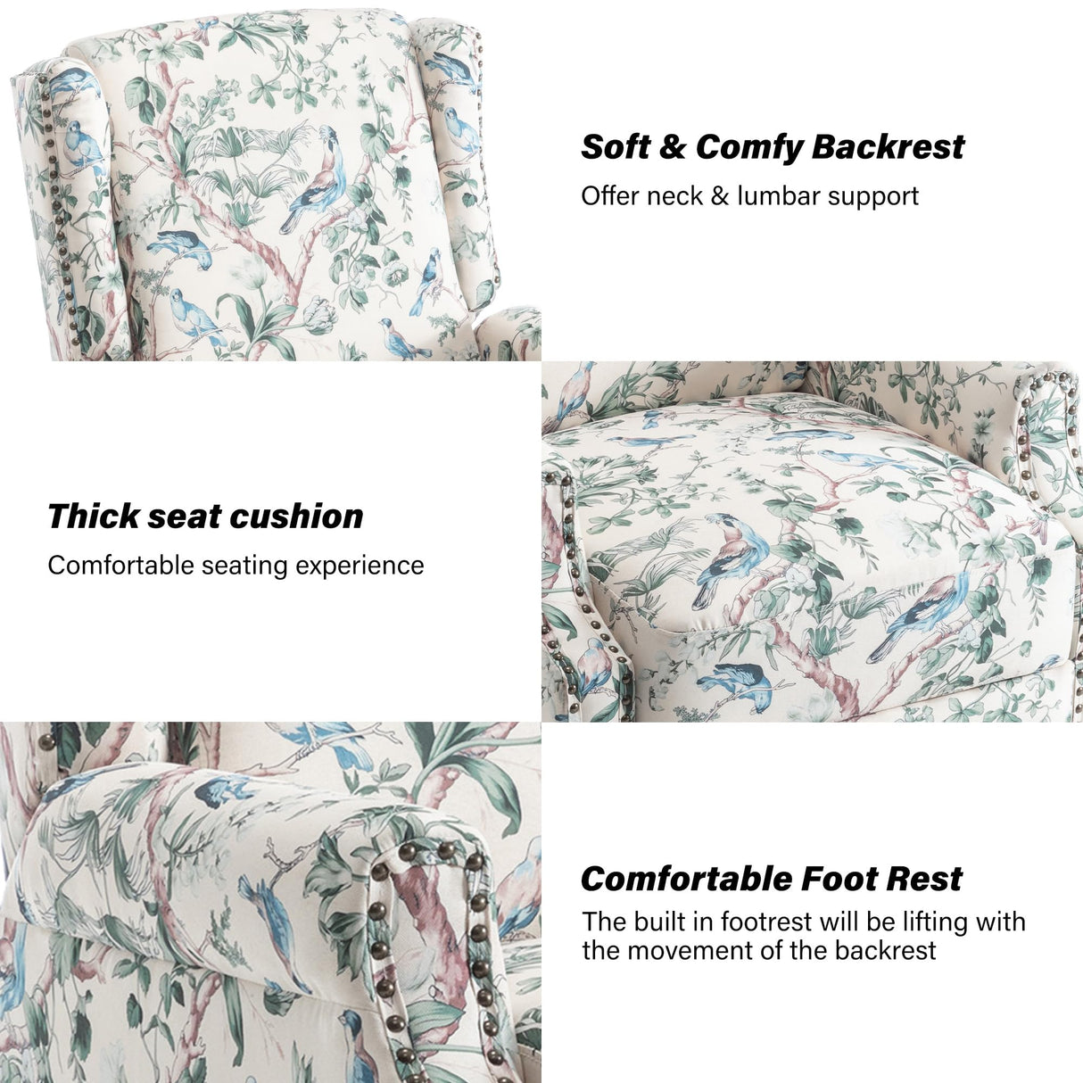 Wingback Recliner Chair, Floral Fabric Pushback Recliner Chair, Upholstered Armchair Push Back Recliner, Rivet Trim Single Sofa Accent Chair with Wood Legs for Living Room, Bird Lumibee