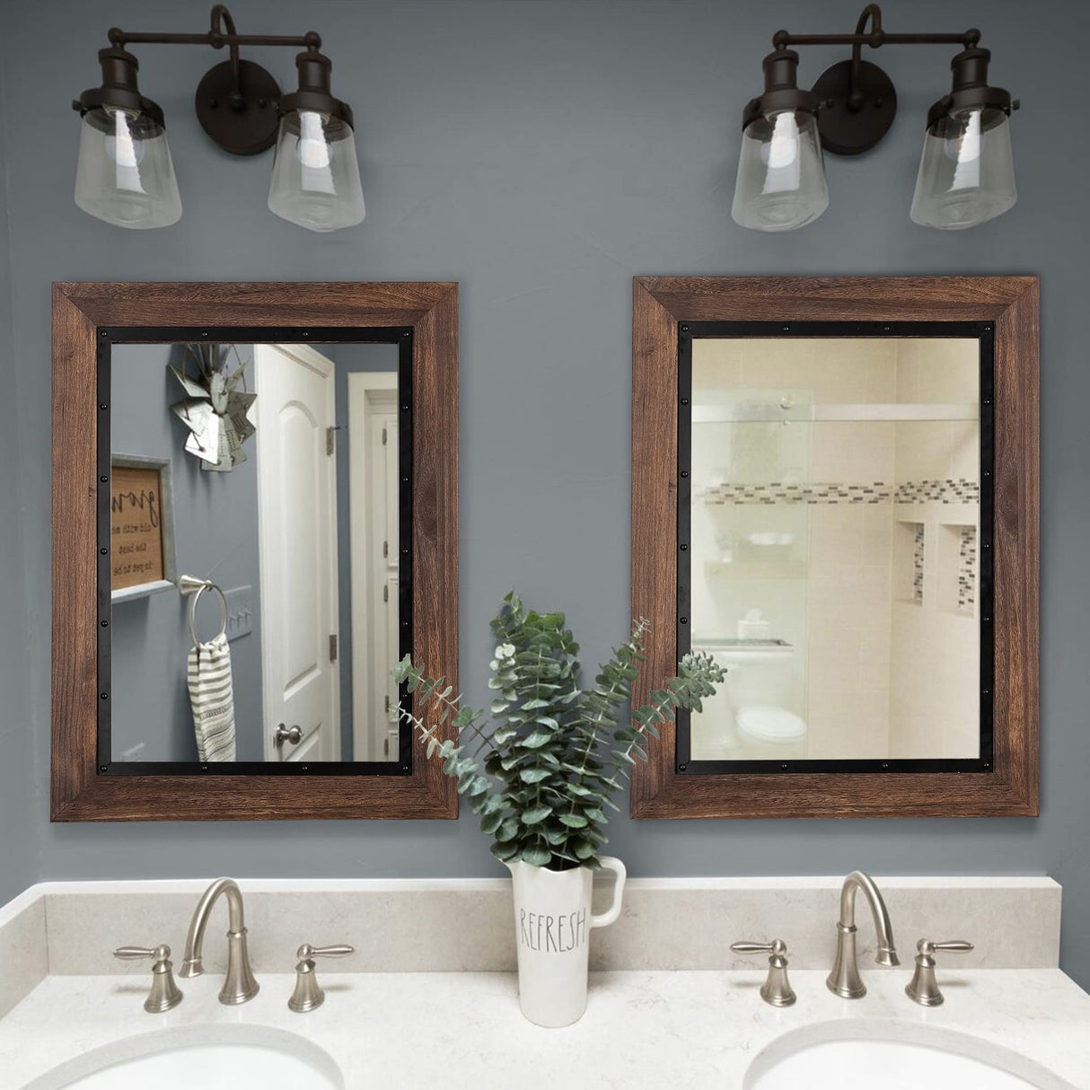 YOSHOOT Rustic Wooden Framed Wall Mirror, 40"x30", Natural Wood and Iron Bathroom Vanity Mirror for Farmhouse Decor, Vertical or Horizontal Hanging YOSHOOT