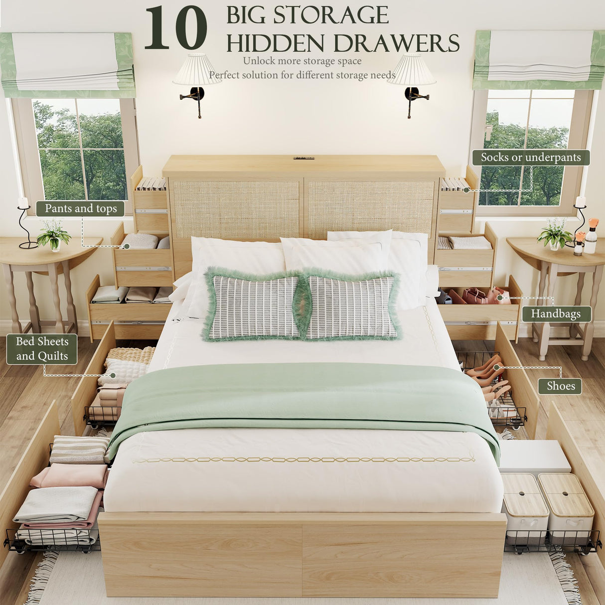 Yechen Natural Rattan Queen Bed with 10 Storage Drawers and Wide Storage Headboard, 48" Tall Boho Wooden Bed Frame Steel Stand and Charging Station, Sturdy Bamboo Bed, No Box Spring Needed/Noise Free Yechen