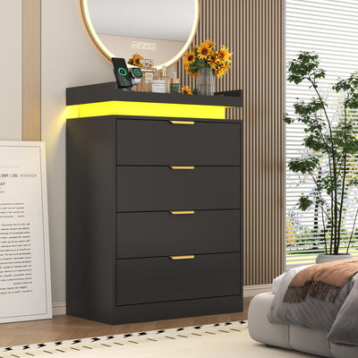 knoworld Black Dresser with LED Lights, Wooden LED Dresser, 4 Drawer Chest with Charging Station, Tall Chest of Drawer Closet Organizer for Bedroom, Living Room, Entryway, Hallway