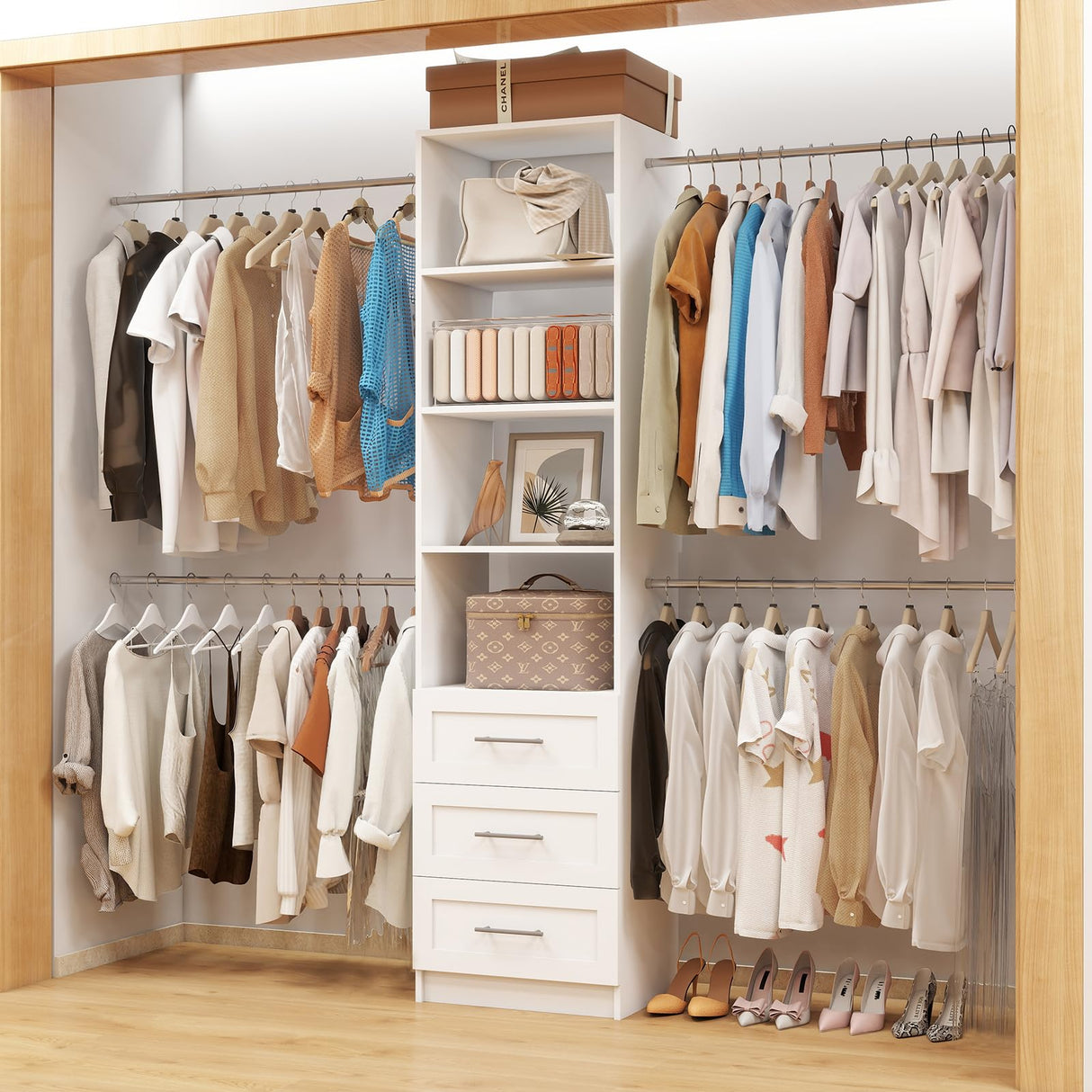 Closet System with Drawers, 5FT-8FT Custom Closet Organizer System 99" Walk in Wood Closet Storage System with 4 Expandable Hanging Rods Wall Mount White Dilando