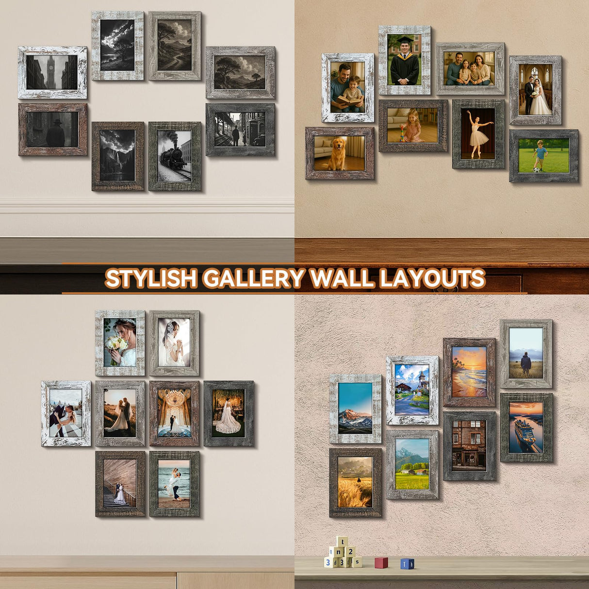 Bagous 5x7 Picture Frames Set of 8, Vintage Rustic Farmhouse Industrial Style Photo Frames, High Definition Real Glass, for Tabletop or Wall Hanging Bagous
