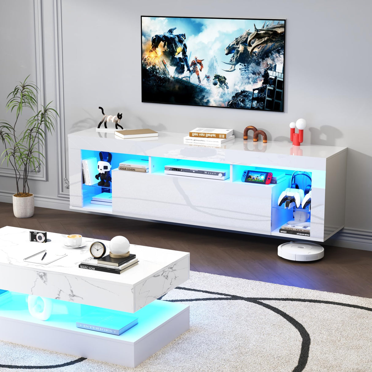 chartustriable 63" Floating High Gloss LED TV Stand for 75" TVs, Wall-Mounted Entertainment Center, Modern Media Console with Open Adjustable Glass Shelf and Hidden Storage Cabinet, White chartustriable