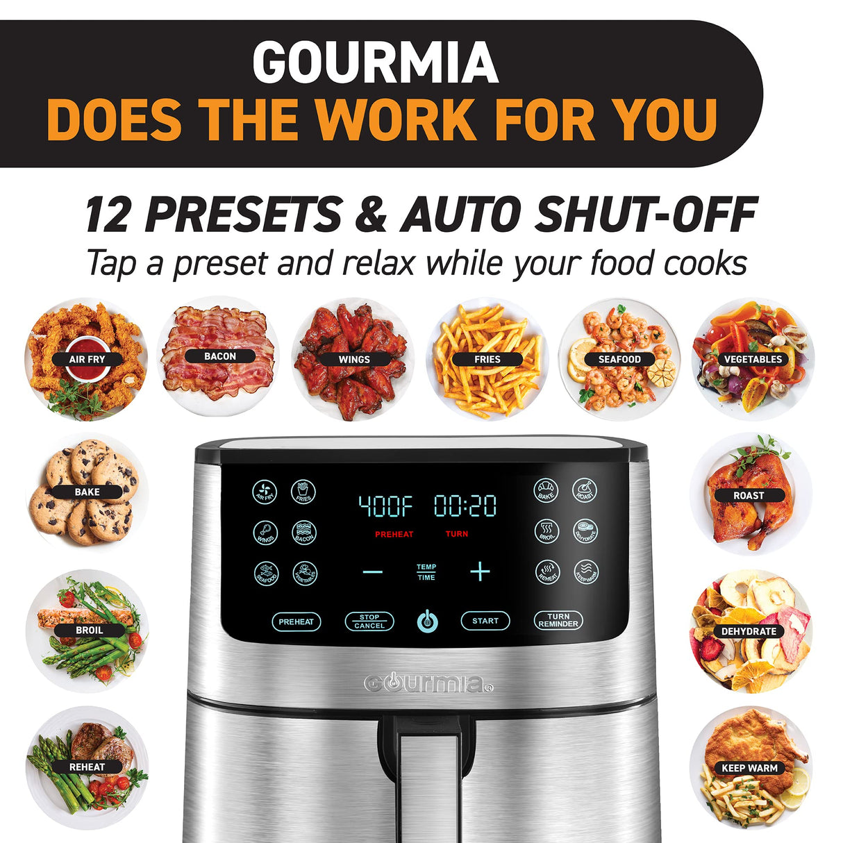 Gourmia Air Fryer Oven Digital Display 8 Quart Large AirFryer Cooker 12 Touch Cooking Presets, XL Air Fryer Basket 1700w Power Multifunction GAF838 Black and stainless steel air fryer Gourmia