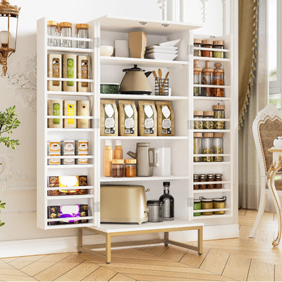 kepptory 51” Pantry Cabinets, White Freestanding Kitchen Pantry Storage Cabinet with Adjustable Shelves, Buffet Cupboards Storage Cabinet for Home Office Use, White + Gold