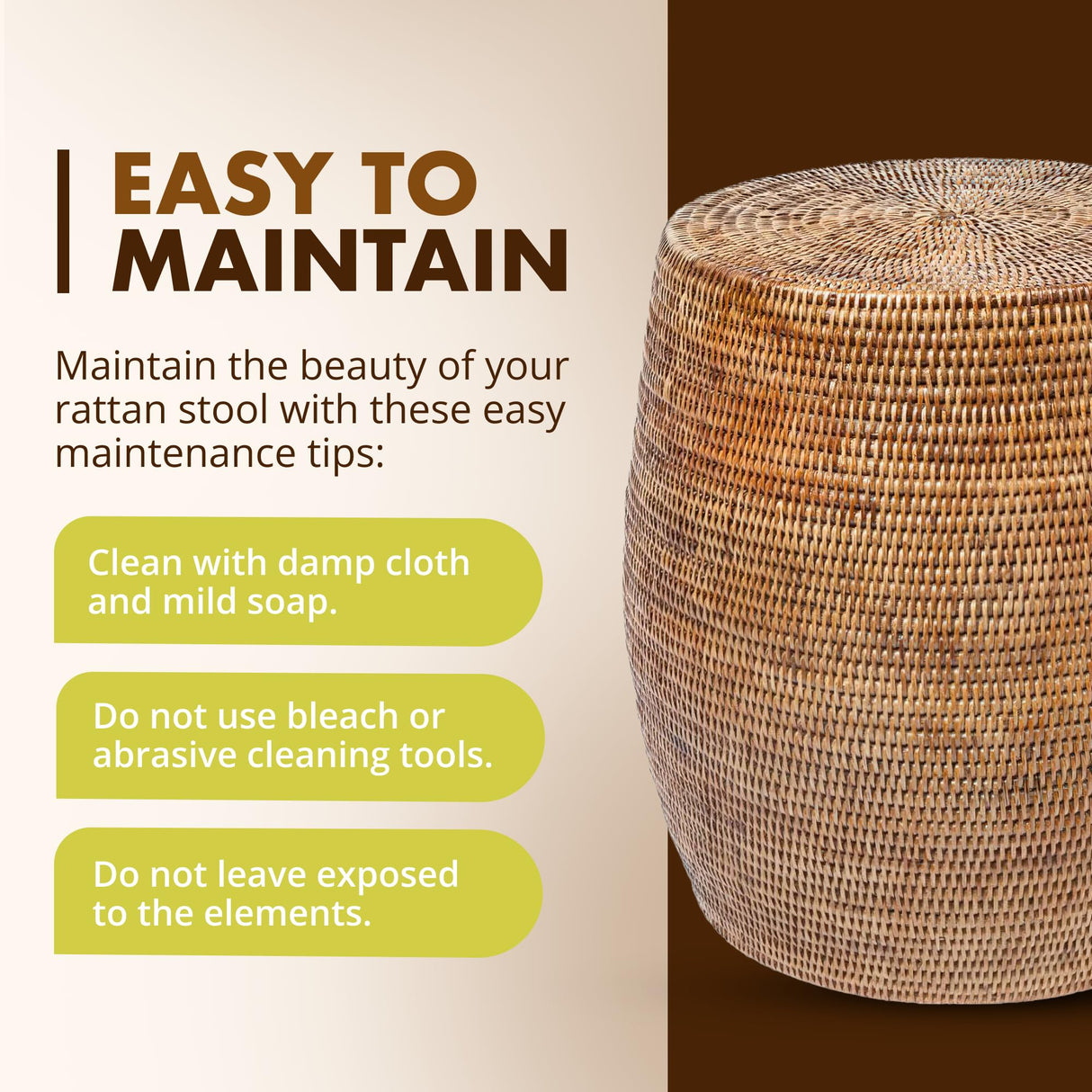 KOUBOO La Jolla Round Rattan Stool, Side Table, Handmade, Extra Seating, Patio, Living Room, Boho Decor, End Table, Honey Brown, 18" by 18" Kouboo