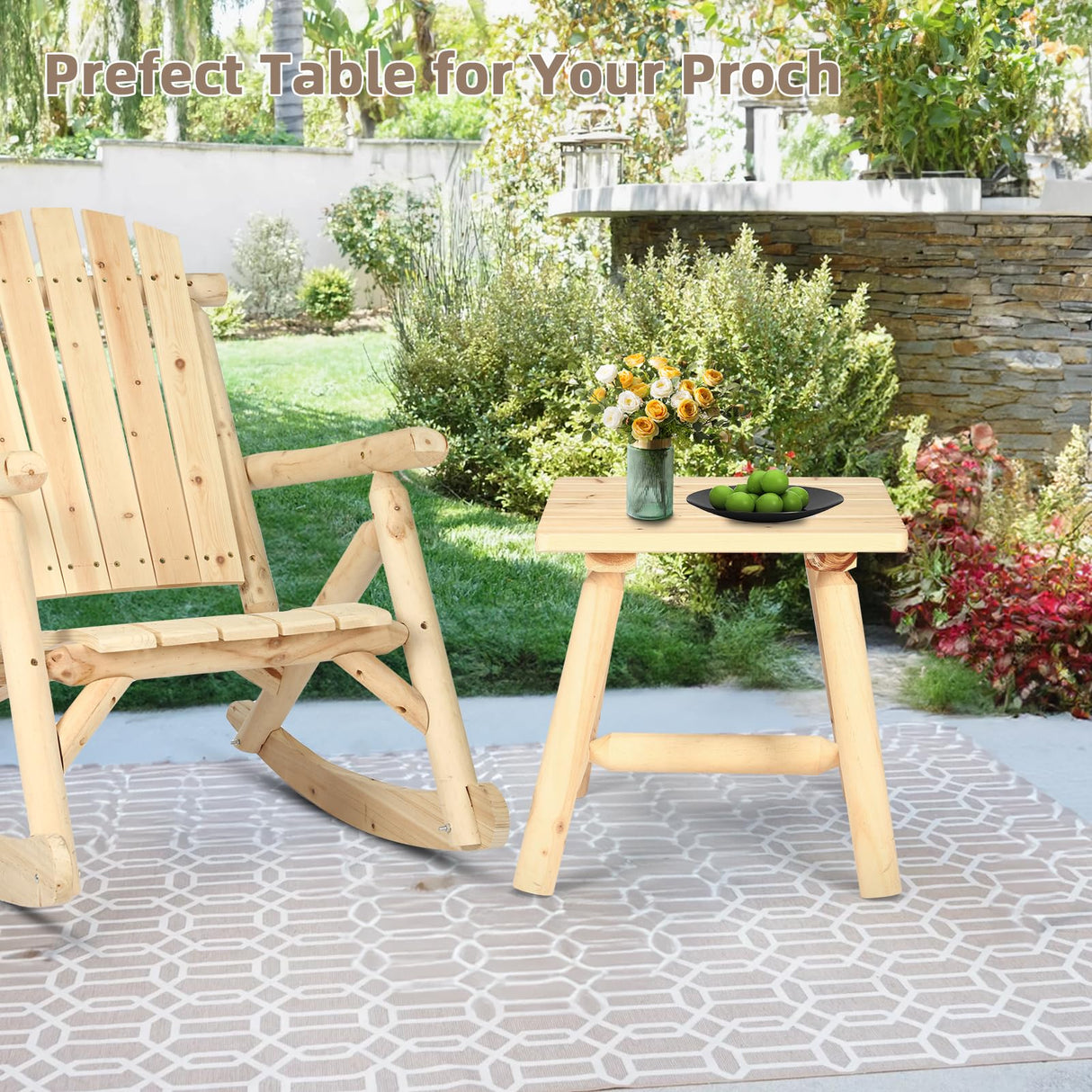 EPICOZY Outdoor Adirondack Log Side Table, 19.5" Thick Wooden Patio Square End Table with Slatted Tabletop, Solid Wood Rustic Accent Table for Indoor & Garden Deck Porch Balcony Backyard, Natural EPICOZY