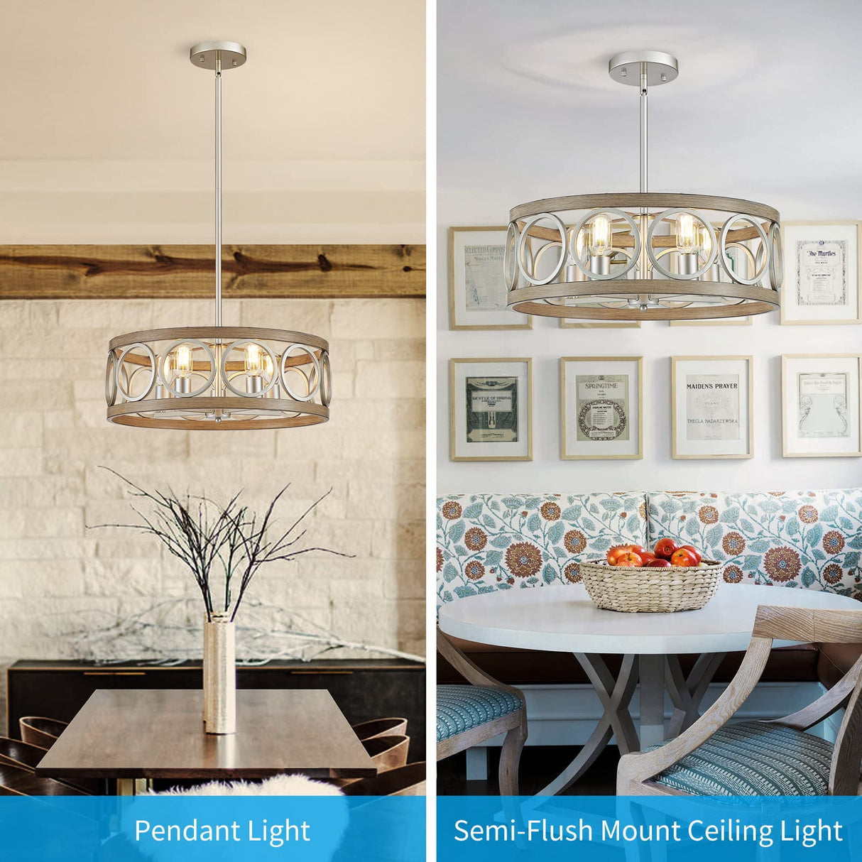 XINGQI 21.7'' Modern Farmhouse Chandelier, Drum Ceiling Light Fixture for Living Dining Room Over Table, 5 Lights Antique Wood Grain Brushed Nickel with Round Metal XINGQI