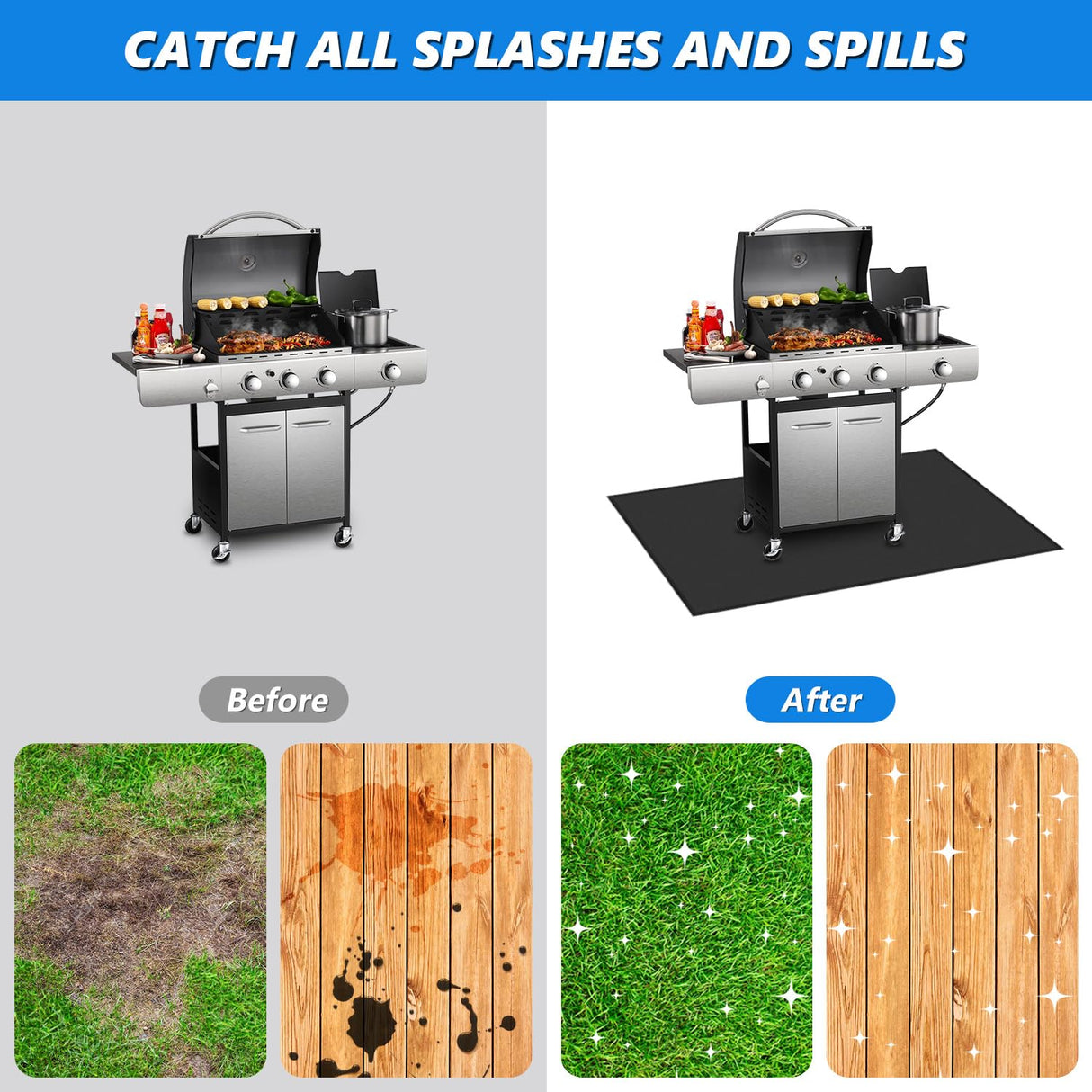 Large 65 x 39 Inch Under Grill Mats for Outdoor Grill, Heavy Duty Fireproof Deck Patio Protector Mat, BBQ Mat for Under BBQ, Oil-Proof Waterproof Grill Floor Pads for Charcoal, Smoker, Gas Grill Huchiz