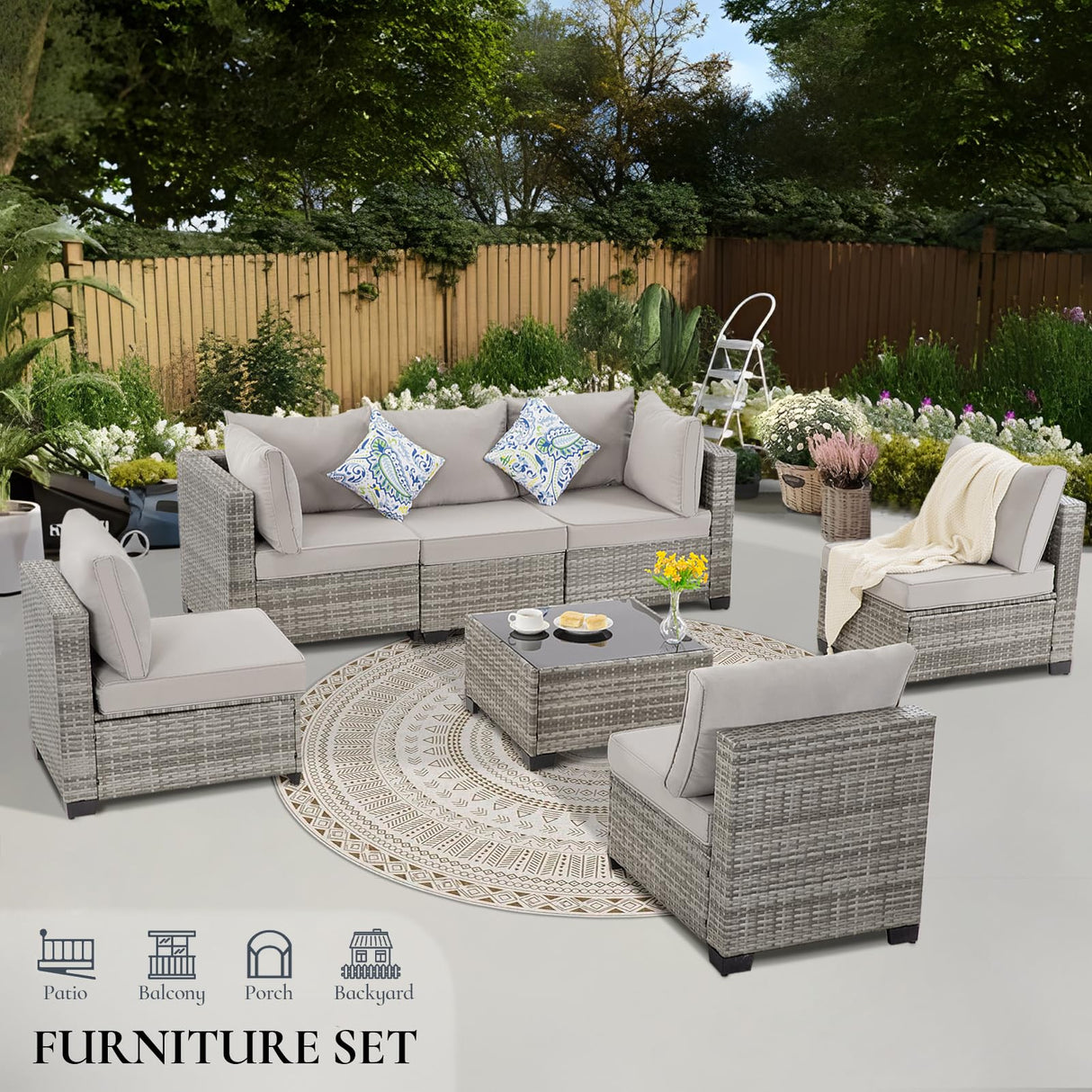 FHFO 7 Pieces Outdoor Patio Furniture Set, Wicker Sectional Sofa Set Rattan Modular Patio Conversation Sets with Cushions Couch Set & Coffee Table for Outside, Garden, Balcony, Porch, Grey FHFO