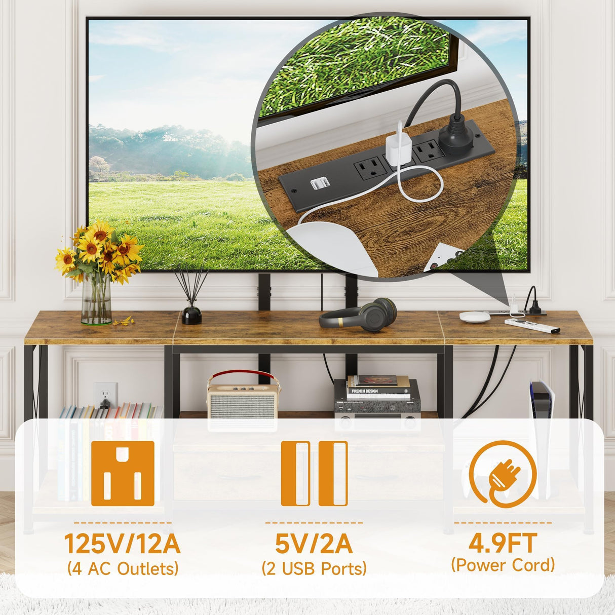 GYIIYUO LED TV Stand with Mount and Power Outlet & Fabric Drawers for 32-85 Inches TV - Entertainment Center and Corner Tv Stand for Living Room, Bedroom- 55" Rustic Brown (MAX VESA 400mm × 600mm) GYIIYUO