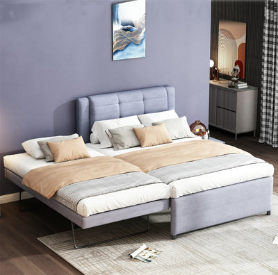 Merax Full Size Upholstery Platform Bed with Trundle,Trundle can be Flat or Erected, Modern Bed Frame with Linen Headboard for Kids, Adults, No Box Spring Needed, Gray