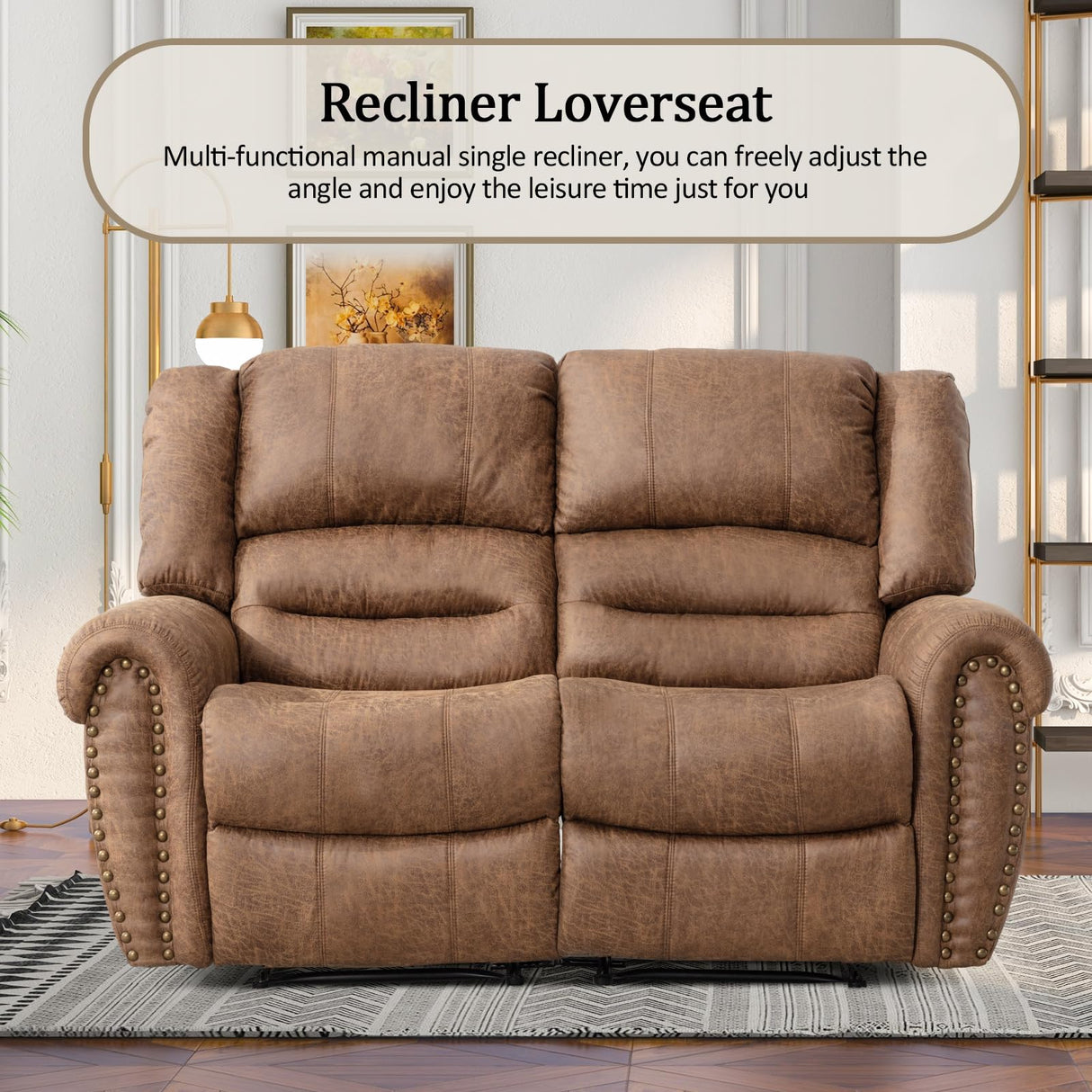 CANMOV Faux Leather Manual Loveseat Recliner, 2 Seat Reclining Chair, Overstuffed Comfortable Arms and Back Recliner Chair, Couch Set for Living Room, Bedroom Furniture, Office,Nut Brown CANMOV