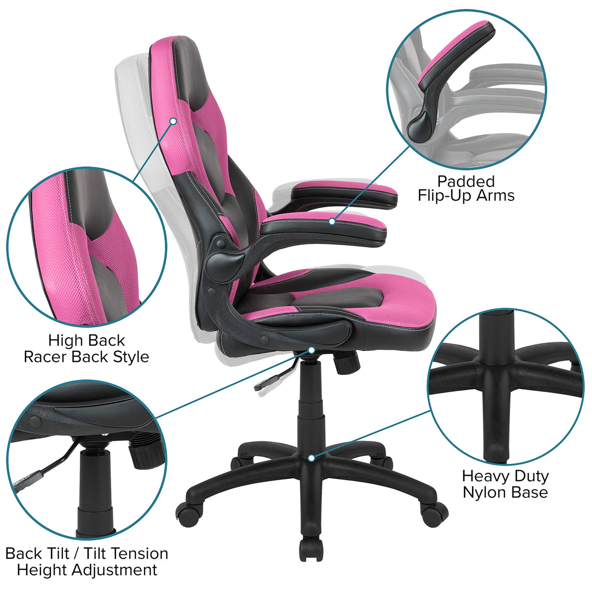 Flash Furniture X10 High-Back LeatherSoft Racing Style Gaming Chair with Flip-Up Arms, Ergonomic Padded Swivel Computer Chair, Pink/Black Flash Furniture