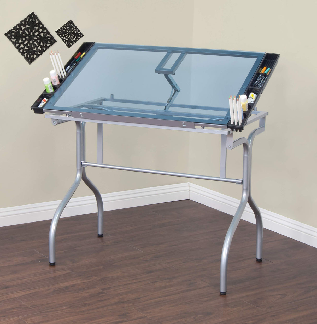Studio Designs Folding Modern Glass Top Adjustable Drafting Table Craft Table Drawing Desk Hobby Table Writing Desk Studio Desk, 35.25" W x 23.75" D, Silver / Blue Glass SD STUDIO DESIGNS
