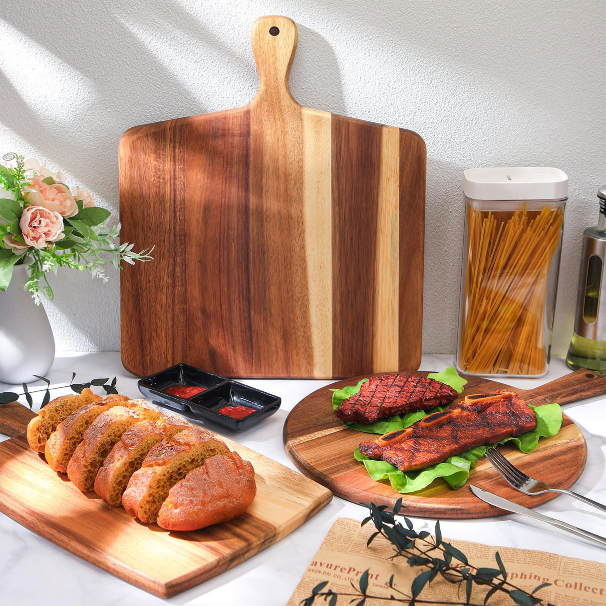 Zhehao 3 Pcs Acacia Wood Cutting Board Set Chopping Board with Handle for Charcuterie Cheese Board Meat Bread Chopping Blocks Vegetables Fruit Zhehao
