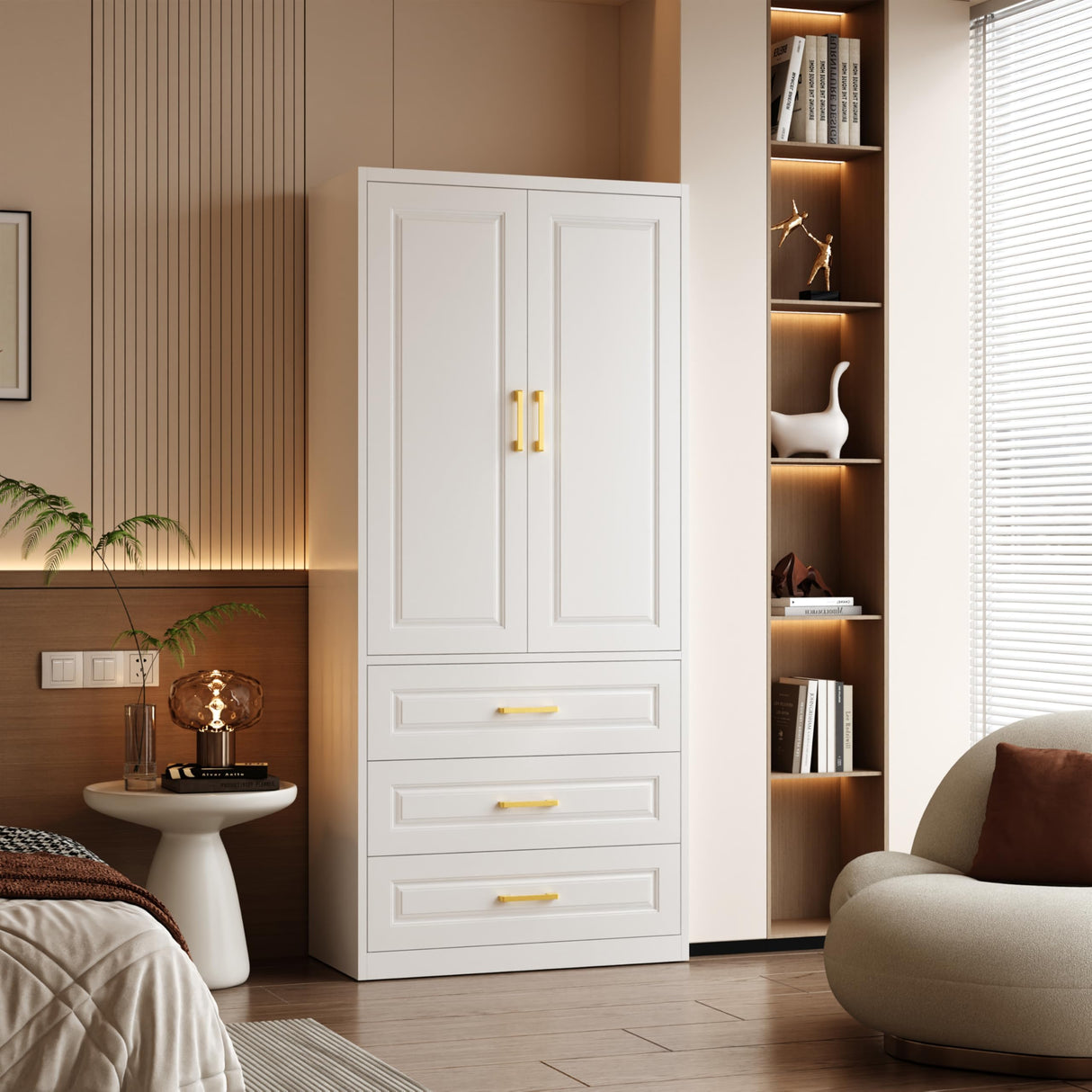 Polup Metal Armoire Wardrobe Closet with Three Drawers, 71“ Tall Large Wardrobe Cabinet with Hanging Rod, Freestanding Wardrobe Cabinet with Doors and Shelves for Bedroom, White, Assemble Required Polup