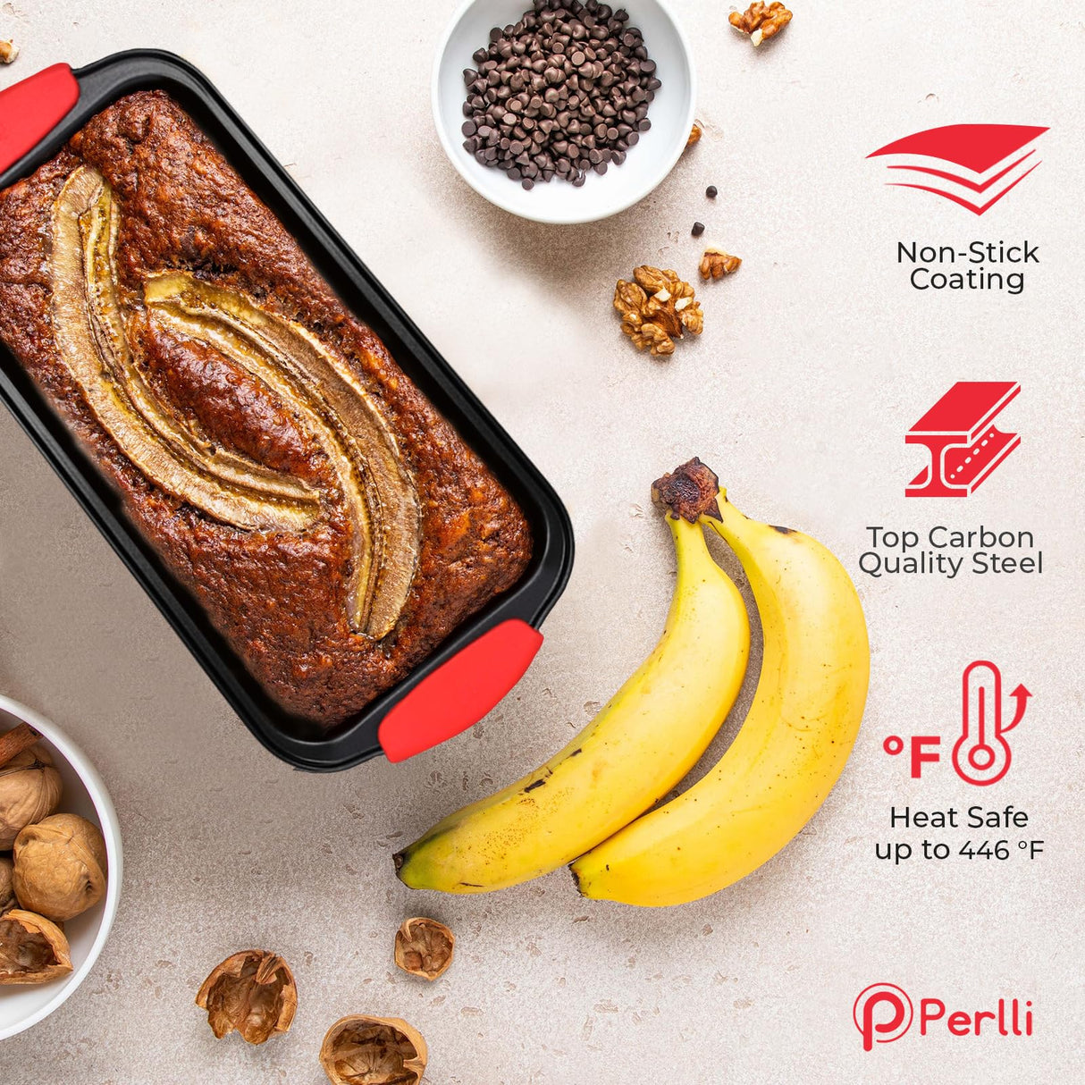 PERLLI Non-Stick 10-Piece Baking Pan Set, BPA-Free Carbon Steel Bakeware Set with Silicone Handles, Stackable Kitchen Oven Set, Cookie Sheet, Baking Tray, Baking Sheet Set, Oven Safe (446°F) PERLLI