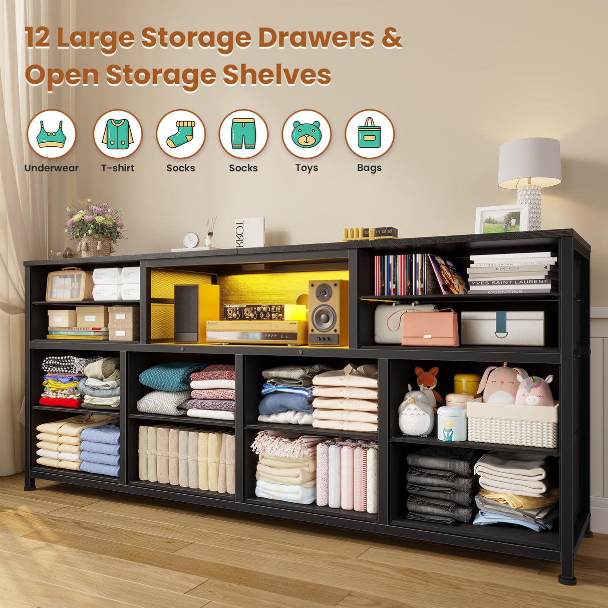 BTHFST LED TV Stand Dresser for Bedroom with Power Outlets, 55 inch Entertainment Center with 12 Drawers, Media Console Table for 32/45/55/60 inch TVs, Chest of Drawers for Bedroom, PU Black BTHFST