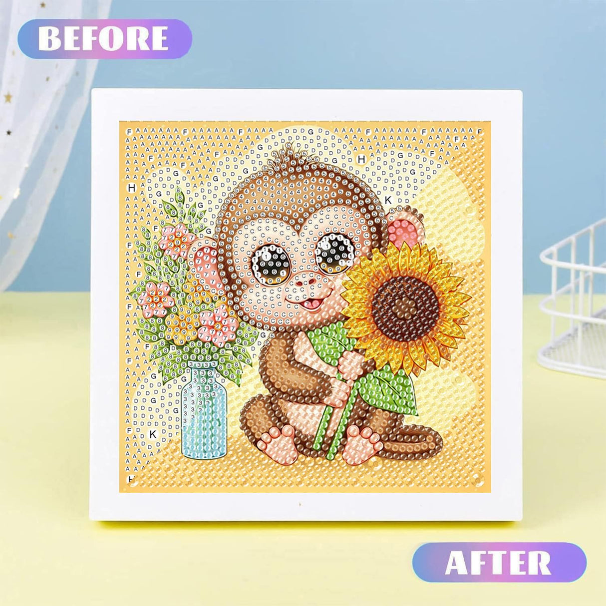 ajepon Monkey Diamond Art Kits for Kids with Frame, Animal Diamond Art for Kids Ages 8-12, Monkeys Diamond Painting Kits for Kid with Beautiful Package for Gift Home Wall Decor (7x7inch) ajepon