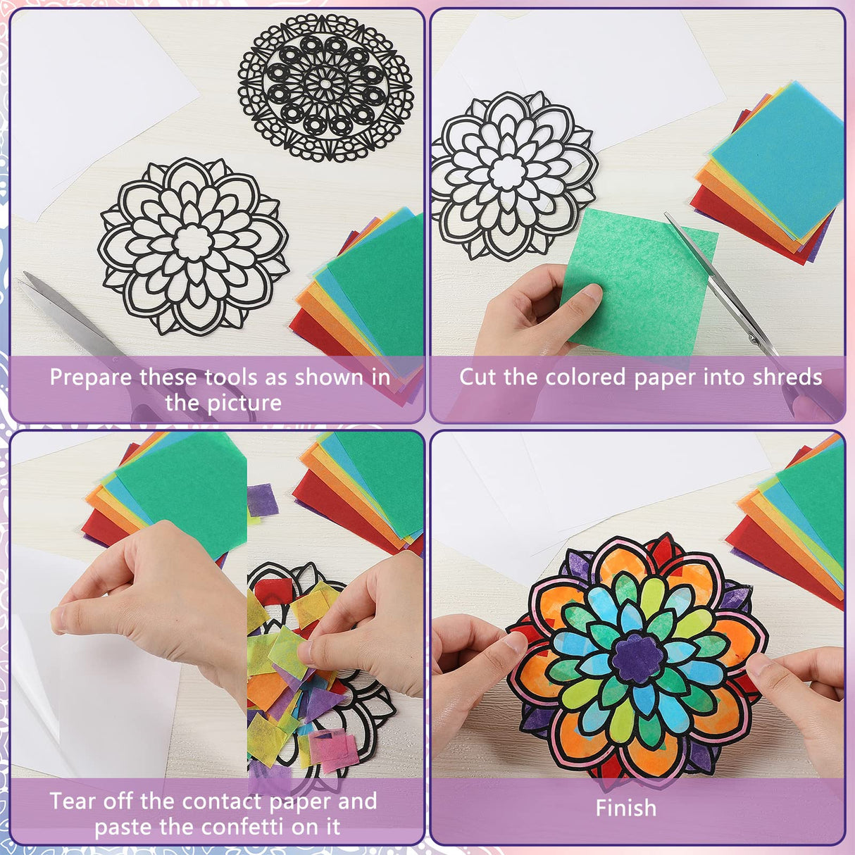 Gueevin 36 Sheet Mandala Window Clings Color Your Own Stained Glass Window Cling Arts and Crafts DIY Kit with Colorful Cotton Paper Contact Paper Crafts for Adults Kid Teen, 6 x 6 Inch Gueevin