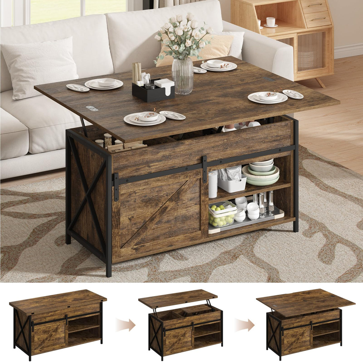 Vividwood Lift Top Coffee Table with Storage and Sliding Door, 4 in 1 Multi-Function Convertible Tea Table with Hidden Compartment, Farmhouse Center Table with Wood Lift Tabletop for Living Room Brown Vividwood