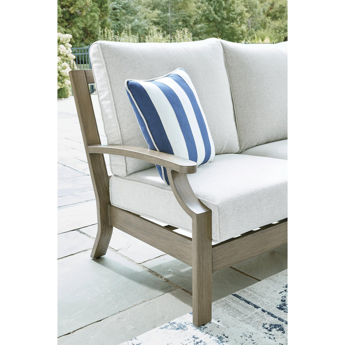Signature Design by Ashley Rainier Ranch Casual Weather Resistant Outdoor Loveseat with Cushion and 2 Accent Pillows, Light Brown & Light Gray Signature Design by Ashley