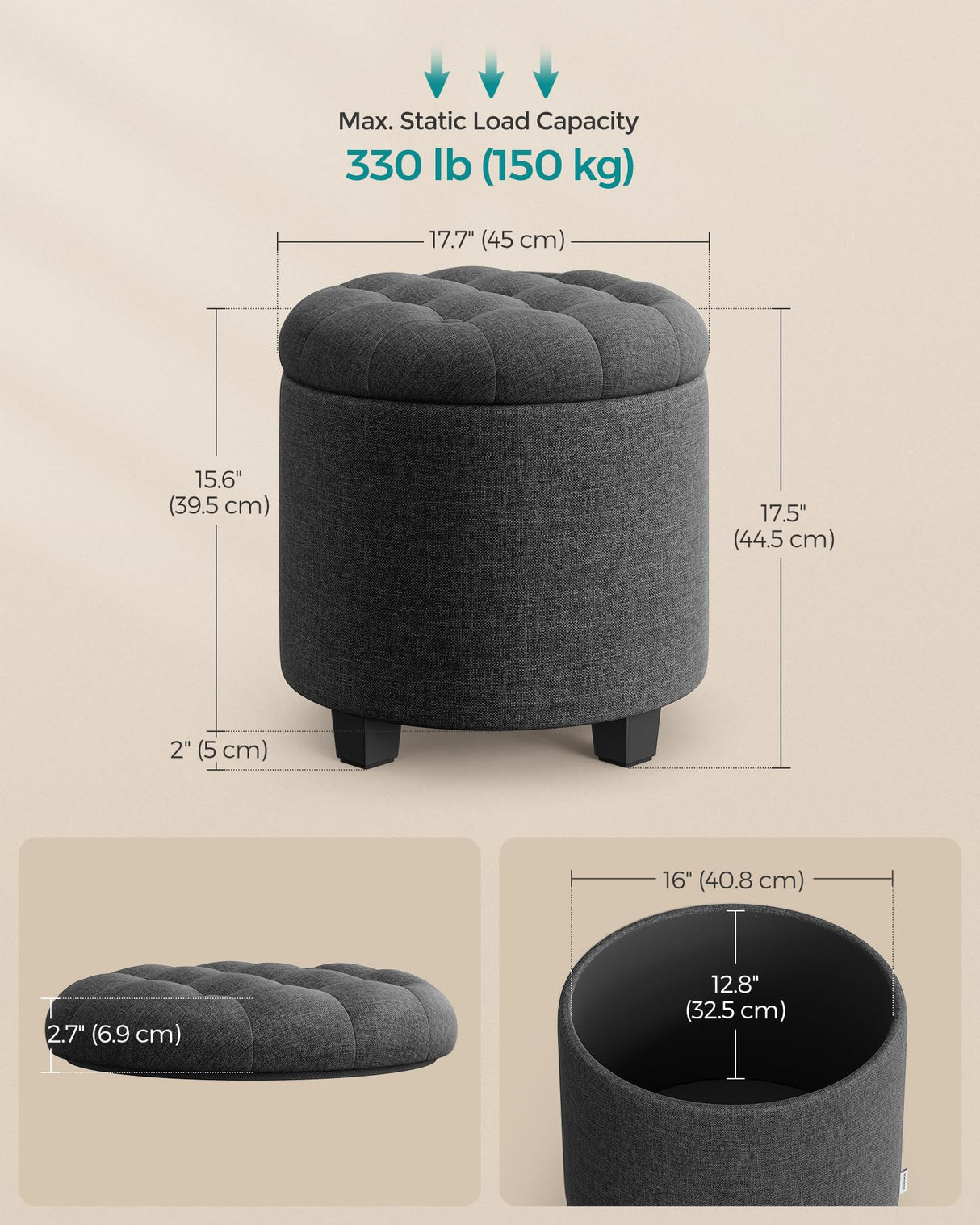 SONGMICS Round Ottoman, Ottoman with Storage, 17.7 Dia. x 17.5 H Inches Foot Rest with Legs, Load up to 330 lb, for Living Room, Bedroom, Dark Gray ULOM011G01 SONGMICS