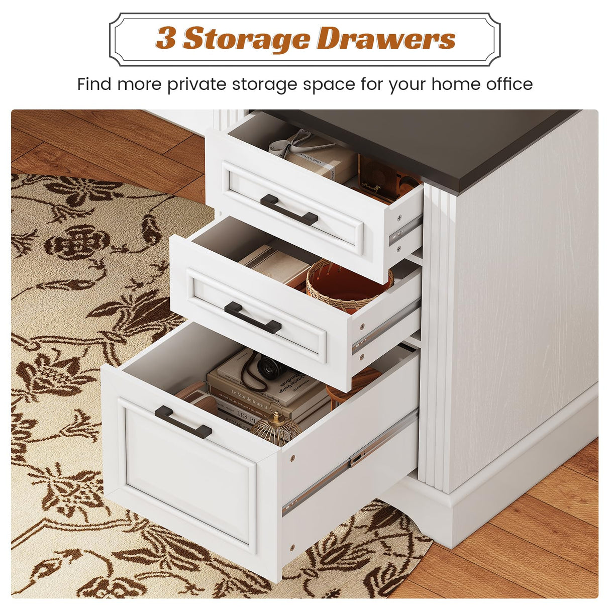 SEDETA Office Desk with 3 Drawers, 55" Executive Computer Desk with Storage Drawers, Farmhouse Desk with Power Outlet for Home Office, White SEDETA