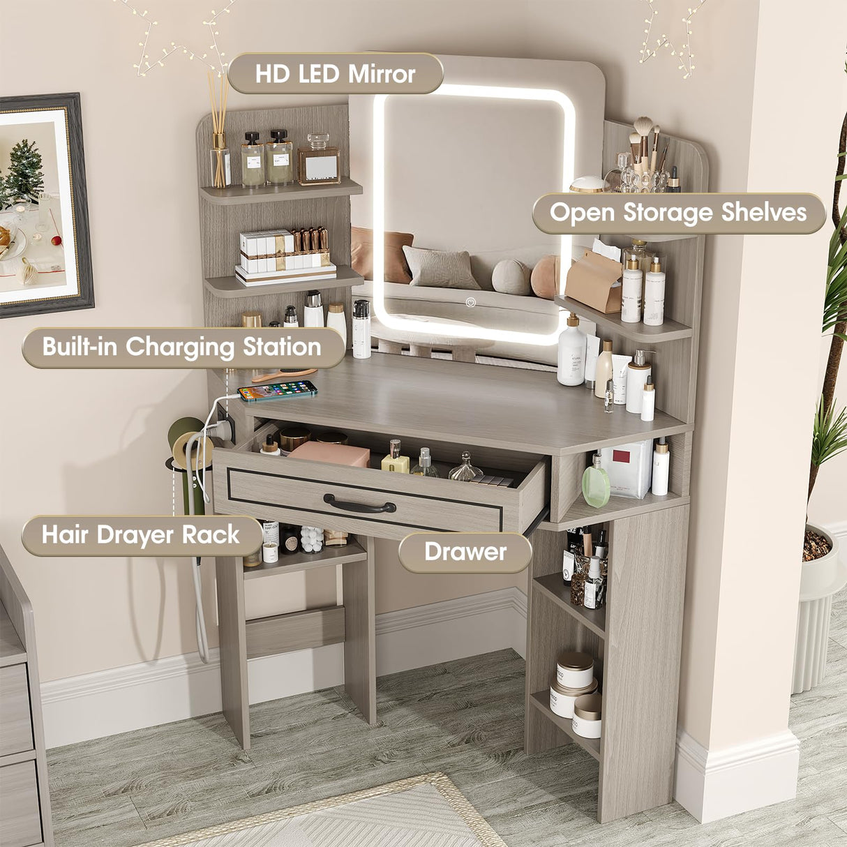Makeup Vanity Desk, Corner Vanity with Large LED Mirror,Lots Open Shelves,Gray Vanity with Charging Station,Farmhouse Makeup Vanity Table with 3 Lighting Modes, Brightness Adjustable Maupvit