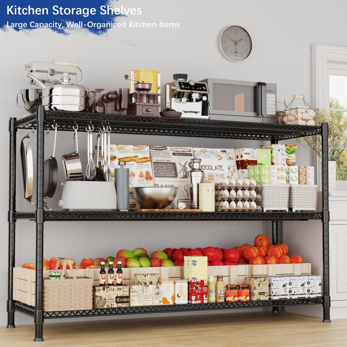 Heavy Duty Shelving, 47.6" H Garage Shelving Unit with Leveling Feet, 3-Tier Adjustable Garage Storage Shelves Metal Rack, Industrial Shelving for Warehaouse Storage, 60" W x 24" D x 47.6" H, Black GIOTORENT