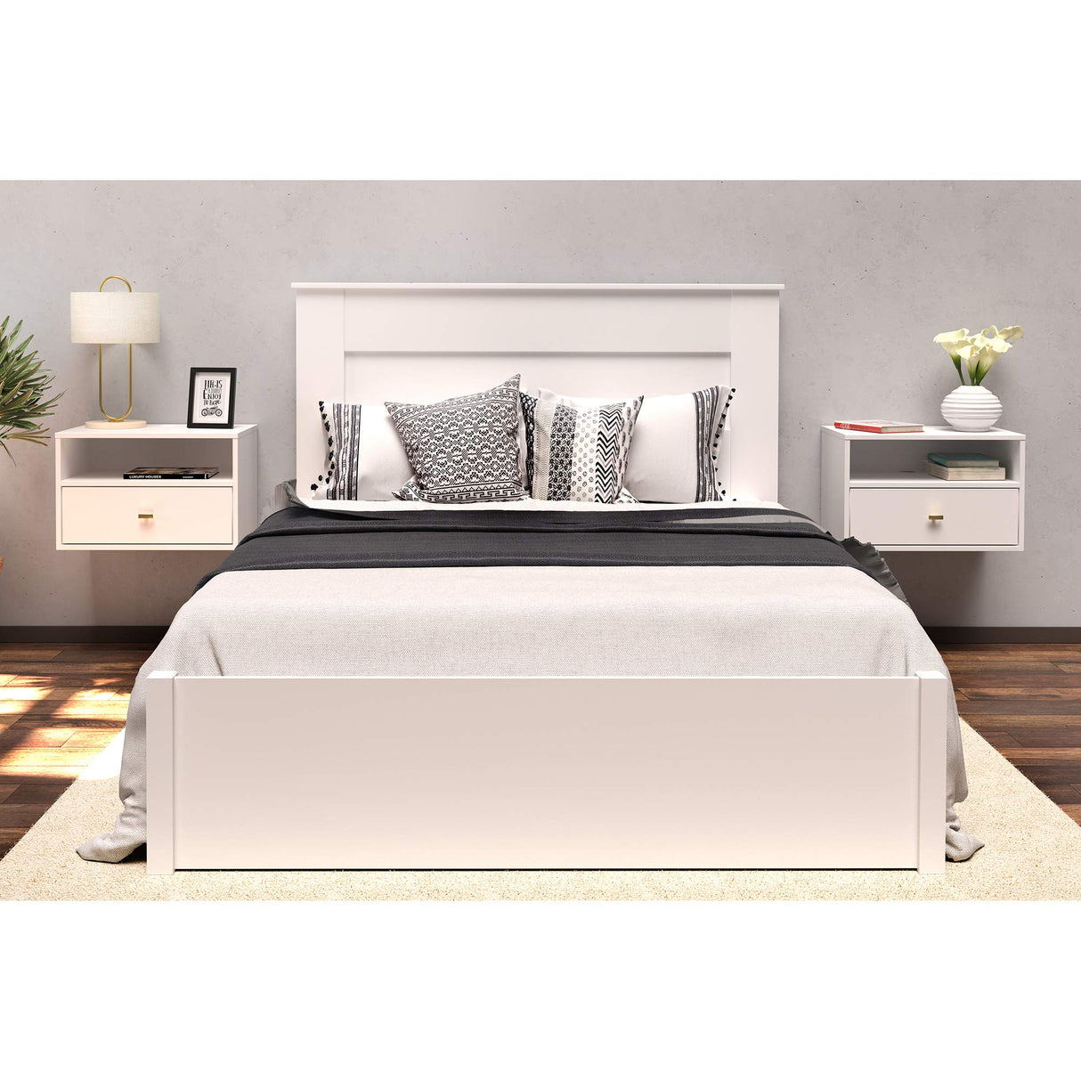 Prepac Set of 2 Floating Shelf Side Tables with Drawers and Brushed Brass Knobs, Modern Hanging Nightstands 15" D x 22.5" W x 14.5" H, White, WRBW-1402-2M Prepac