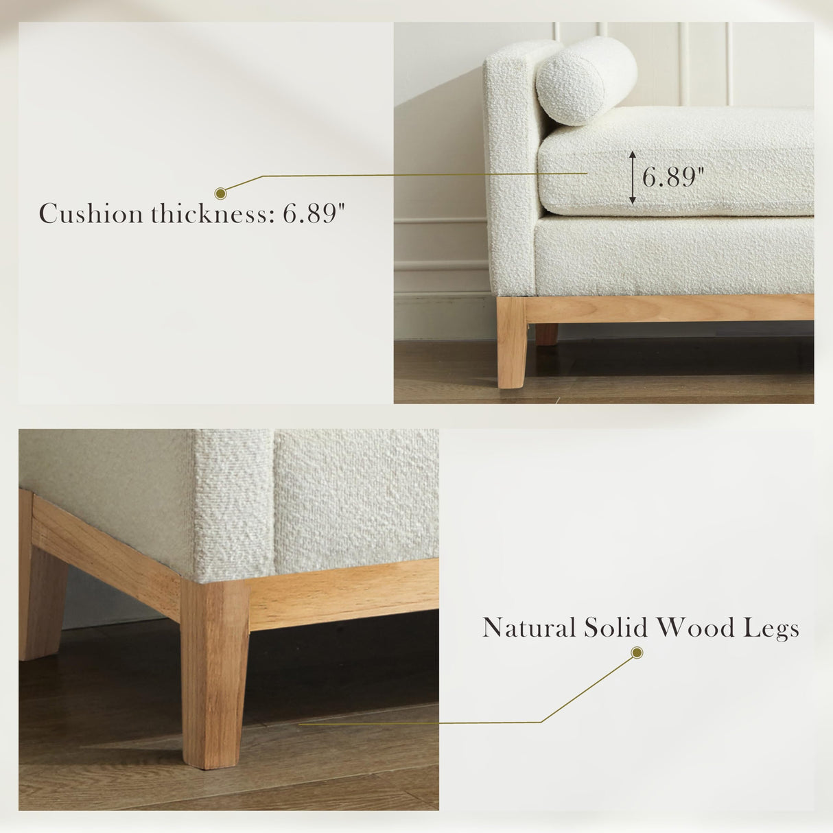 Aoiy & Wifon 66.34" W King Size Bench for End of Bed, Upholstered Bench with Pillows & Natural Wood Legs for Bedroom/Entryway/Living Room, Boucle, Ivory Aoiy & Wifon