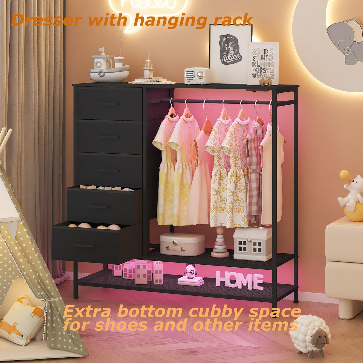 Dresser for Bedroom, Dresser with Hanging Rack Led Lights and Charging Station, Black Bedroom Dresser with 5 Fabric Chest of Drawers with PU Finish Storage Organizer, for Living Room Kids Room, Black SOOWERY