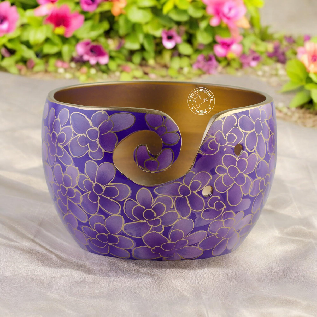 Hind Handicrafts Premium Solid Crafted Floral Metallic Finish Aluminium Portable Yarn Bowl Holder for Knitting Crochet Christmas Gift Set (6" x 6" x 4", Purple) Hind Handicrafts