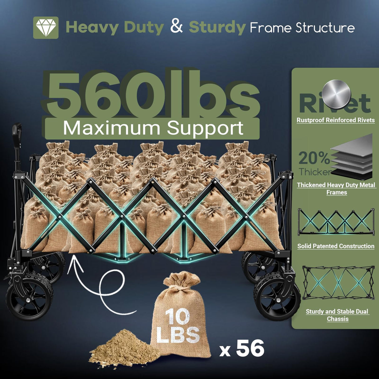 Hikemoon 48"L Collapsible Wagon Cart Foldable, 560LB Weight Capacity 300L Heavy Duty Folding Beach Wagon with All-terrain Big Wheel, Utility Wagon for Grocery, Shopping, Garden, Sports, Camping, Black HIKEMOON